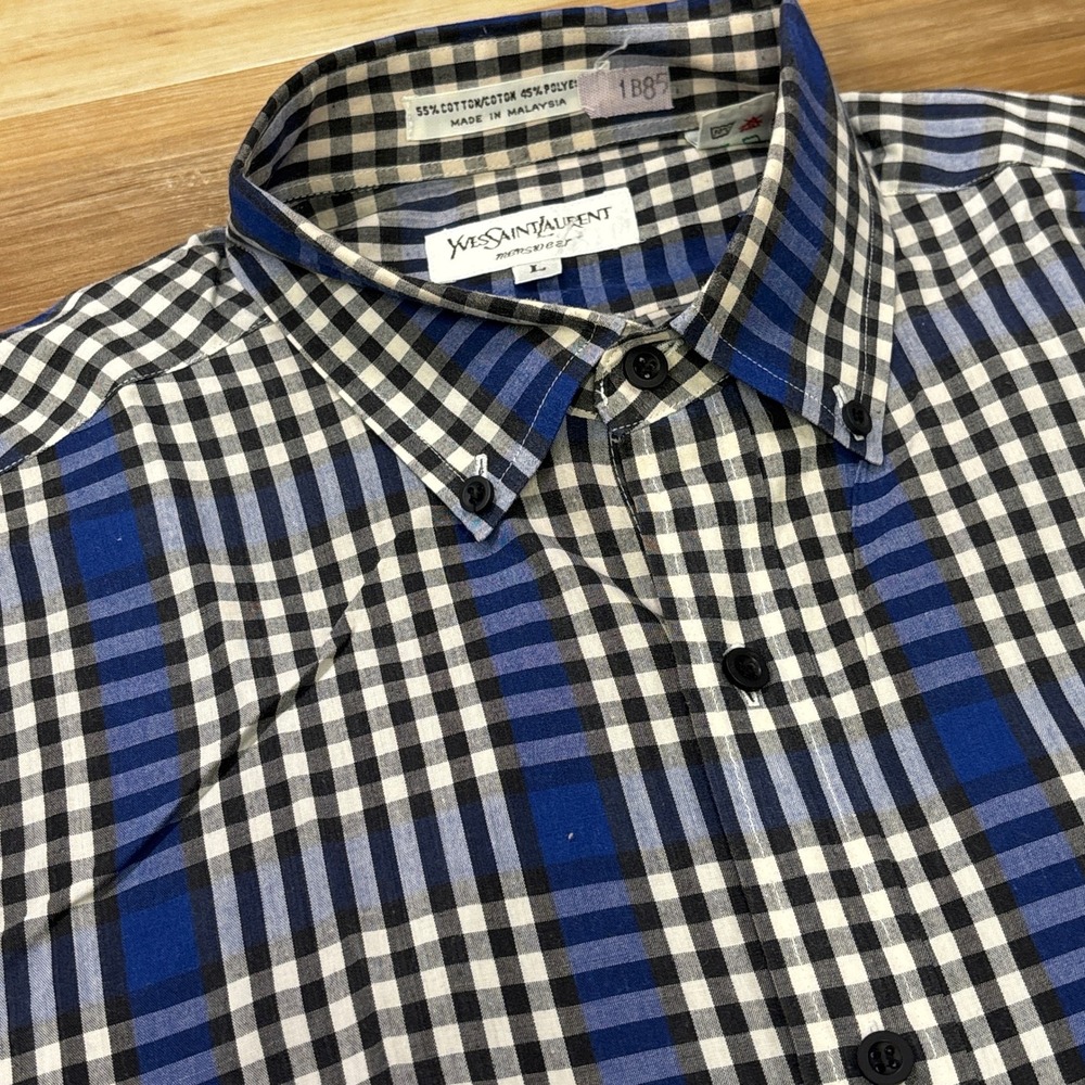 Yves Saint Laurent Button Down Shirt L Plaid Cotton Blend Blue Black Vintage
